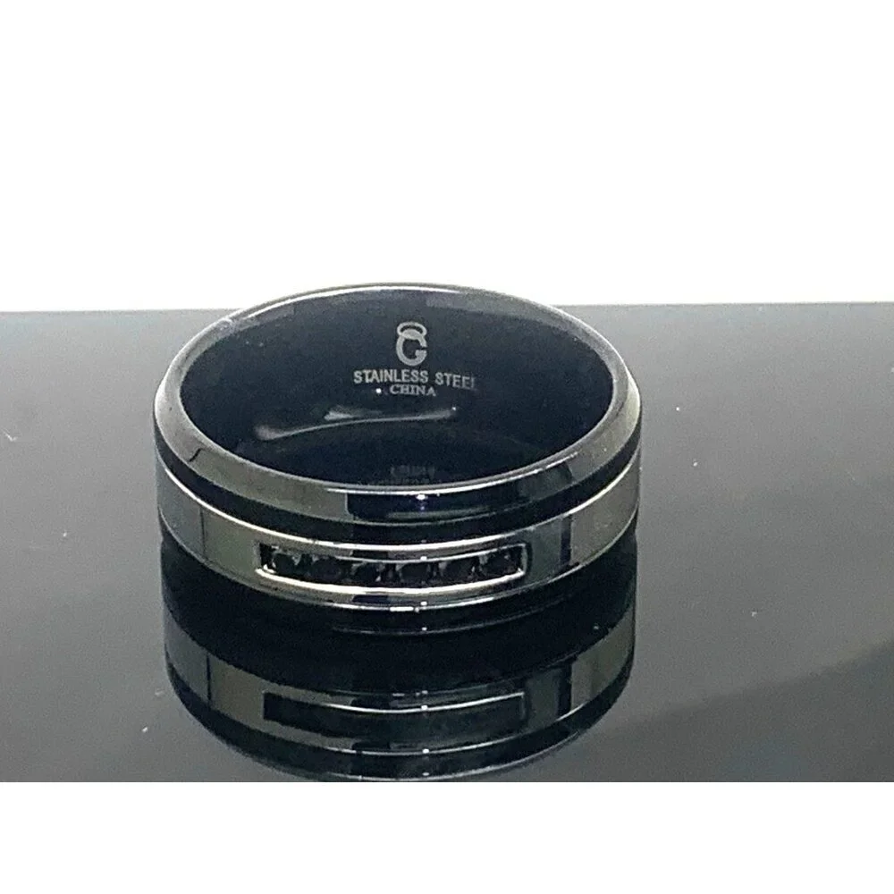 Men's Wedding Band Stainless Steel Black Gemstones 8.8mm Wide Ring Size 11.5